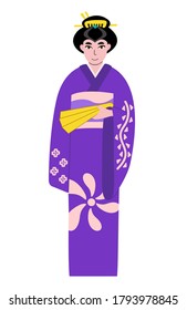 Japanese woman in kimono. Girl in national dress, traditional costume, ethnic clothes.  Japan.  Hand drawn character. Vector flat illustration