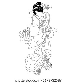Japanese woman in kimono holding two scrolls. Traditional ethnic retro style. Black and white linear silhouette. Isolated vector illustration.