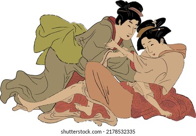 Japanese woman in kimono lovers in Japan old art vector illustration  Culture beautiful dress   fashion traditional style  Orientl drawing  LGBT two lesbian lovers 