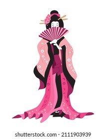 Japanese woman in a national costume with a fan in her hands. Geisha. Vector illustration in flat style, isolated on white background