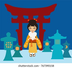 Japanese woman near lanterns made of snow  on torii  background 