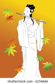 Japanese woman playing flute (woman on separated layer)