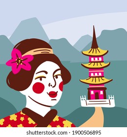Japanese woman portrait with traditional kimono dress, hair, japanese makeup. Happy asian woman, sakura flower, pagoda temple. Hand drawn portrait. Illustration: background, religious building pagoda