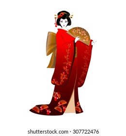 Japanese woman in a red kimono ornament of fans. The hand holds a fan of gold color with leaves.
