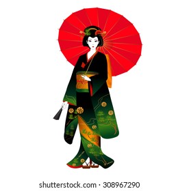 Japanese woman with a red umbrella in a dark kimono with a pattern of golden pines. In her hand she holds a folded fan.