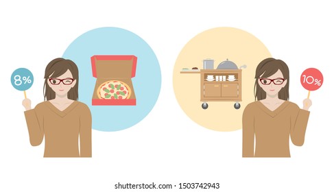 Japanese woman showing reduced tax rate. Comparison of delivery and catering.