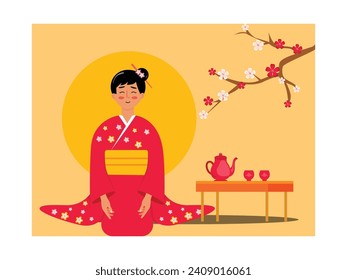 Japanese woman sitting in traditional kimono with teapot and cup of healthy green tea. Character design. Vector flat illustration