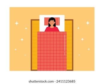 Japanese woman sleeping room with mattress and blanket. Asian culture. Character design. Vector flat illustration