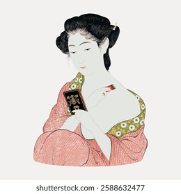 Japanese woman in traditional attire, holding a mirror. The woman is depicted in a serene pose, reflecting traditional Japanese art style and elegance. Vintage art painting vector.