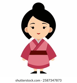 сartoon Japanese woman in traditional clothes.Suitable for children's books, sticker,t shirt design, mascot, logo.Isolated on white background. Front view. Vector illustration. 