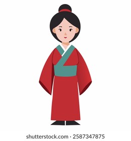 сartoon Japanese woman in traditional clothes.Suitable for children's books, sticker,t shirt design, mascot, logo.Isolated on white background. Front view. Vector illustration. 