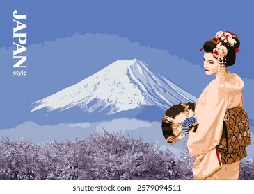 Japanese woman in traditional geisha costume holding fan with mount fuji and cherry blossoms in background, representing japanese culture and beauty