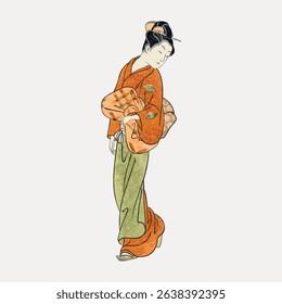 Japanese woman in traditional kimono, elegant pose, cultural attire. Kimono features intricate patterns. Traditional Japanese style, kimono, cultural elegance. Vintage character vector.