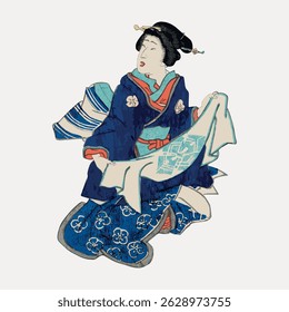 Japanese woman in traditional kimono, holding fabric. Traditional attire, kimono, and fabric are central. Art style reflects Japanese culture and clothing. Vintage character art illustration vector.