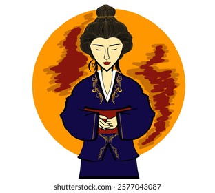 Japanese woman vetor design wearing kimono full moon background