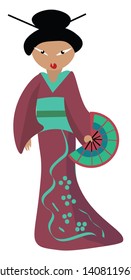 A Japanese woman wearing kimono and having a hand fan in her hand, vector, color drawing or illustration. 