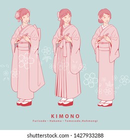 Japanese woman wearing a kimono.Furisode,Hakama,Irotomesode.