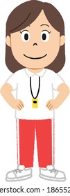 Japanese woman is wearing sports uniform. It looks like school teacher.