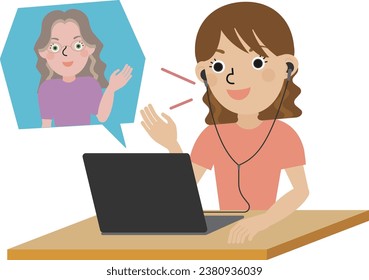 
A Japanese woman wearing wired earphones having an English conversation with a foreign teacher online