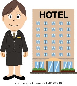 Japanese woman working at a hotel and hotel building