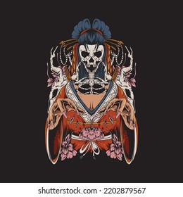 Ilustración de detalle geisha para mujeres japonesas con diseño de cráneo