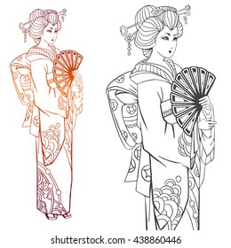 Japanese women in kimono. Adult coloring book pages or tattoo. Ink illustration, contour drawing for coloring. Hand drawn artwork.