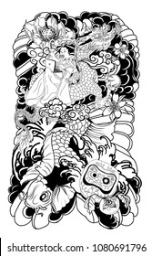 Japanese women in kimono chat on computer with her cat and koi fish.geisha girl and kitten on dragon tattoo.Koi carp and Daruma doll with peony flower and lotus on cloud.Japanese tattoo for back body.