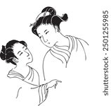 Japanese women in kimono, geisha. Hand drawn line vector illustration. Old style of ukio-e culture in Japan. 