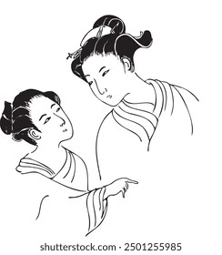 Japanese women in kimono, geisha. Hand drawn line vector illustration. Old style of ukio-e culture in Japan. 