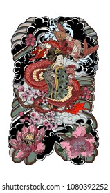 Japanese women in kimono with her cat and Dragon.Hand drawn geisha girl with kitten and koi carp fish tattoo.Old dragon with peony flower and lotus.Japanese tattoo for back body.