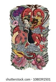 Japanese women in kimono with her cat and Dragon.Hand drawn geisha girl and kitten on back tattoo.Old dragon with peony flower and lotus.Japanese tattoo for back body.