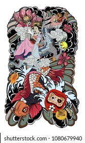 Japanese women in kimono with her cat and koi fish.geisha girl with dragon and kitten tattoo.dragon koi and Daruma doll  with peony flower and lotus on cloud backgroud.Japanese tattoo for back body.