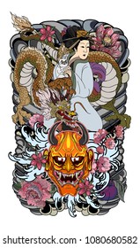 Japanese women in kimono with her cat and Dragon.Japanese Demon's mask with geisha girl and kitten on back tattoo.Old dragon with peony flower ,sakura and lotus.composition tattoo for back body.