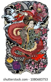 Japanese women in kimono with her cat and red Dragon.geisha girl and kitten tattoo.Old dragon with peony flower,peach,plum,persimmon fruit and lotuson cloud background.composition Japanese tattoo.