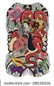 Japanese women in kimono with her cat and red Dragon.geisha girl and kitten tattoo.Old dragon with peony flower,peach,plum,persimmon fruit and lotuson cloud background.composition Japanese tattoo.