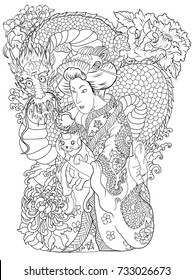 Japanese women in kimono with her cat.Traditional Japanese tattoo style.line art and doodle vector.Hand drawn geisha girl and kitten.Old dragon with peony flower and chrysanthemum on background.