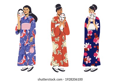 Japanese women in kimono with kabuki mask collection . Set of various asian national costumes. Ceremonial traditional robe on female character cartoon clipart.