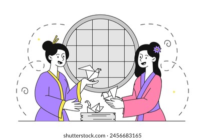 Japanese women with origami linear. Young girls in traditional asian clothes. Creativity and art. Paper cut, hand made and handicraft. Doodle flat vector illustration isolated on white background