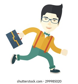 A japanese worker with briefcase is late to Work. A contemporary style with pastel palette background. Vector flat design illustration. Square layout.   