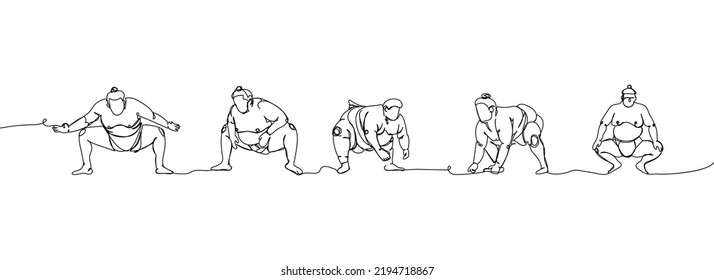 Japanese wrestlers, five sumo set one line art. Continuous line drawing japan, fight, obesity, big man, person, pre-fight greeting, athlete, training, ring, sport.