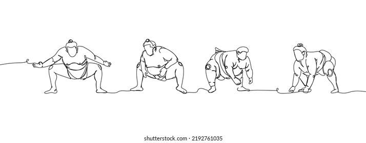 Japanese wrestlers sumo set one line art. Continuous line drawing japan, fight, obesity, big man, person, pre-fight greeting, athlete, training, form, sport.