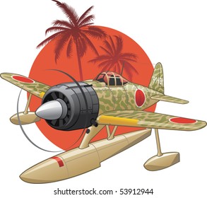 Japanese WW2 seaplane on the rising sun background