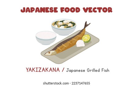 Japanese Yakizakana - Japanese Grilled Fish with daikon radish, bowl of rice and miso soup flat vector design illustration, clipart cartoon style. Asian food. Japanese cuisine. Japanese food