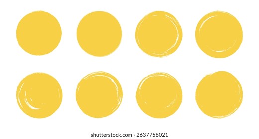 Japanese yellow circles. Japan crayon brush sun. Hand drawn Asian round set. Rough grunge frames, watercolor borders, scribbles. Ink brush Chinese paint. Calligraphy sunset icons. Isolated vector illu