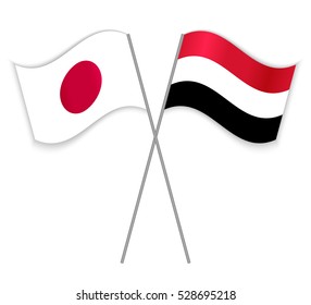 Japanese and Yemen crossed flags. Japan combined with Yemen isolated on white. Language learning, international business or travel concept.