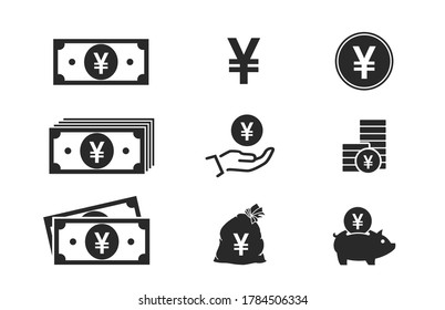 japanese yen banknotes, coins, cash and money icons. financial and banking infographic elements and symbols for web design