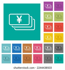 Japanese Yen banknotes outline multi colored flat icons on plain square backgrounds. Included white and darker icon variations for hover or active effects.
