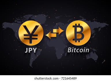 Japanese Yen to Bitcoin currency exchange infographic template on world map background