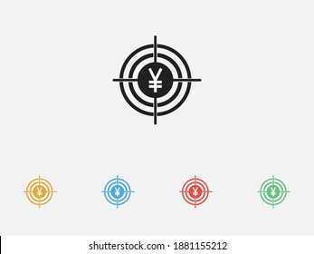 Japanese Yen or Chinese Yuan in the target icon. Vector illustration icon. Simple icon. Investment target icon. Set of colorful flat design icons 
