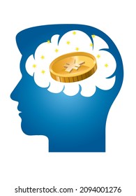 Japanese yen coin, financial tech image. Pictograms, symbols and silhouettes of thought images in the male brain